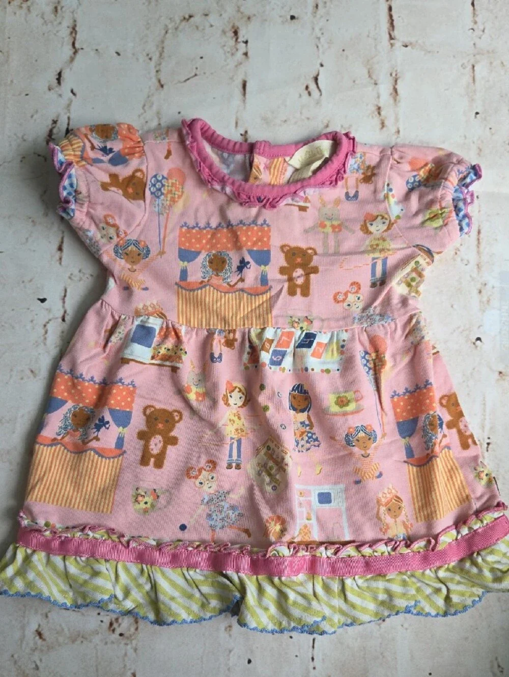 Pink Playful Print Shirt with Green Stripe Ruffle Leggings